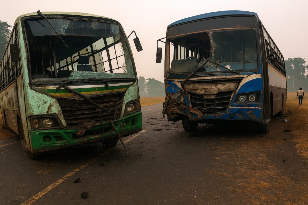 Tamil Nadu bus accident scene: Two heavily damaged buses after head-on collision, road crash, 7 passengers dead, rescue operation visuals.